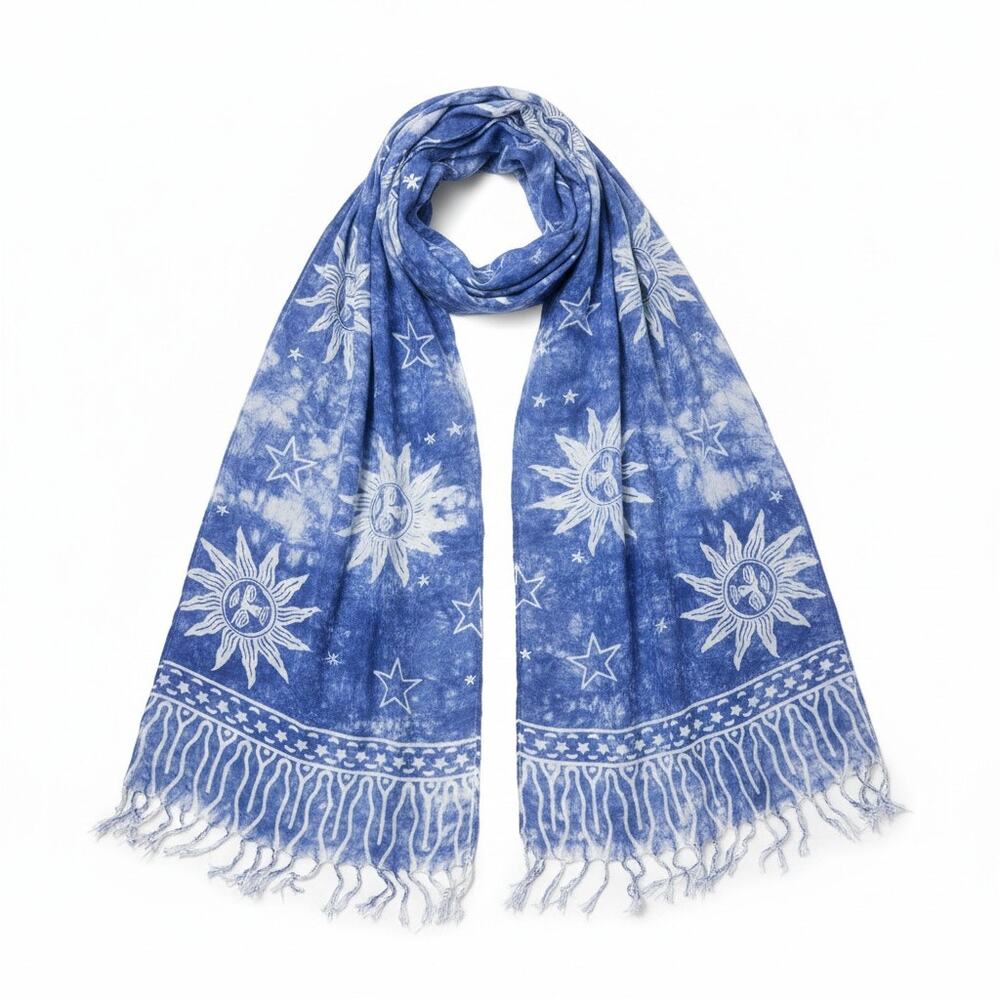Vintage 90s Celestial Blue Scarf Swim Cover Up Sun Whimsygoth Fringe Dyed